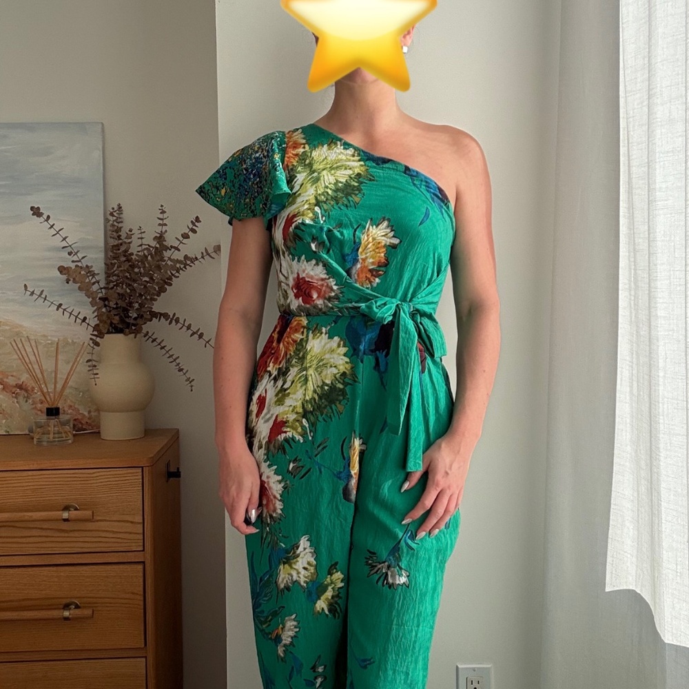 One Shoulder Green Floral Jumpsuit